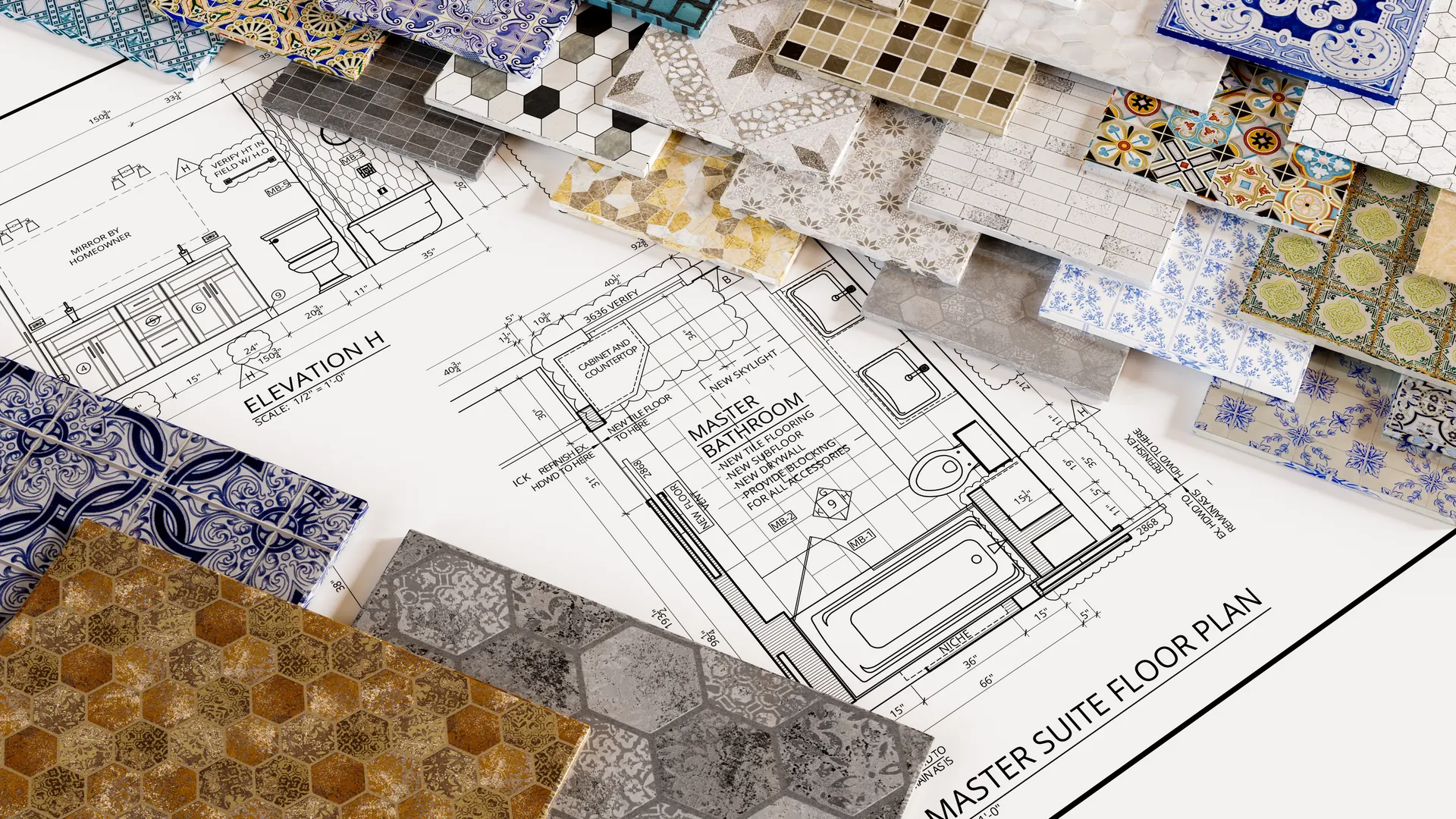 Bathroom design plans with tile samples by Serene Builders