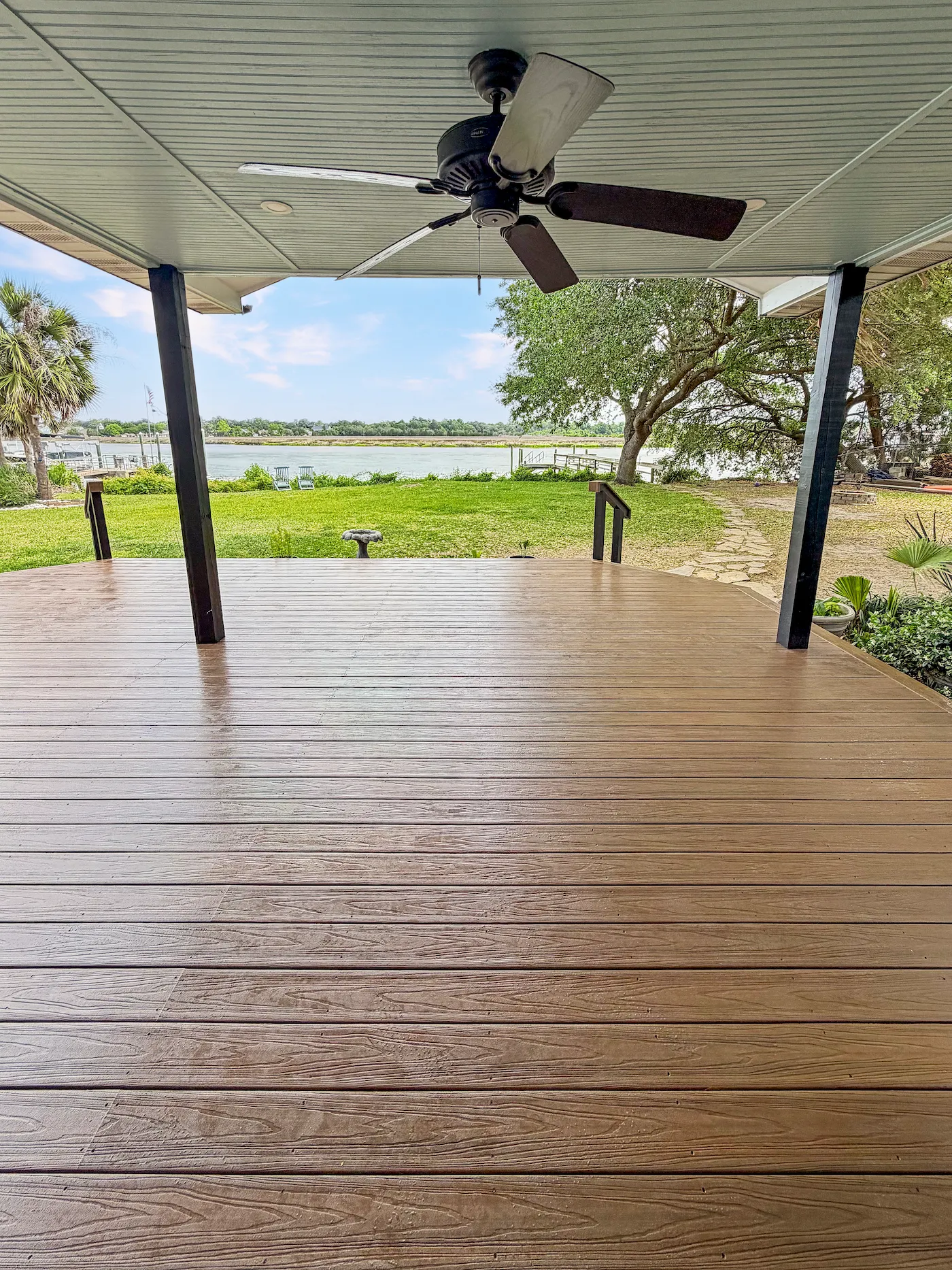 Covered porch with river view